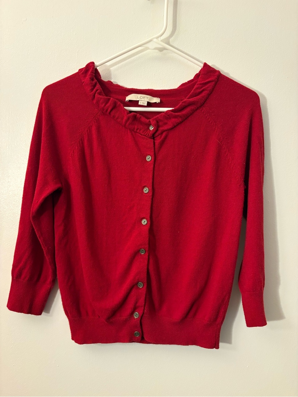 LOFT Red Ruffle-Trim Button Front Cardigan